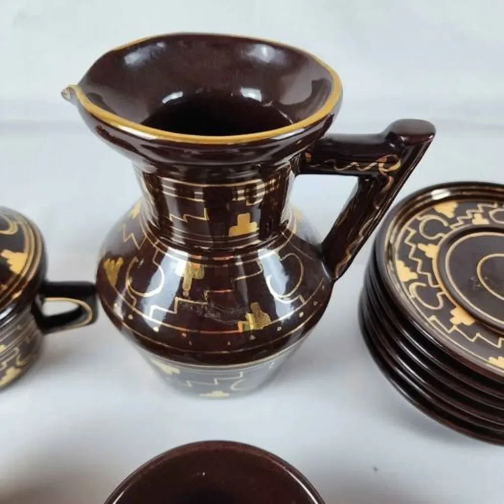 Brown and Gold Handmade Mexican Artesian Ceramic Espresso Set